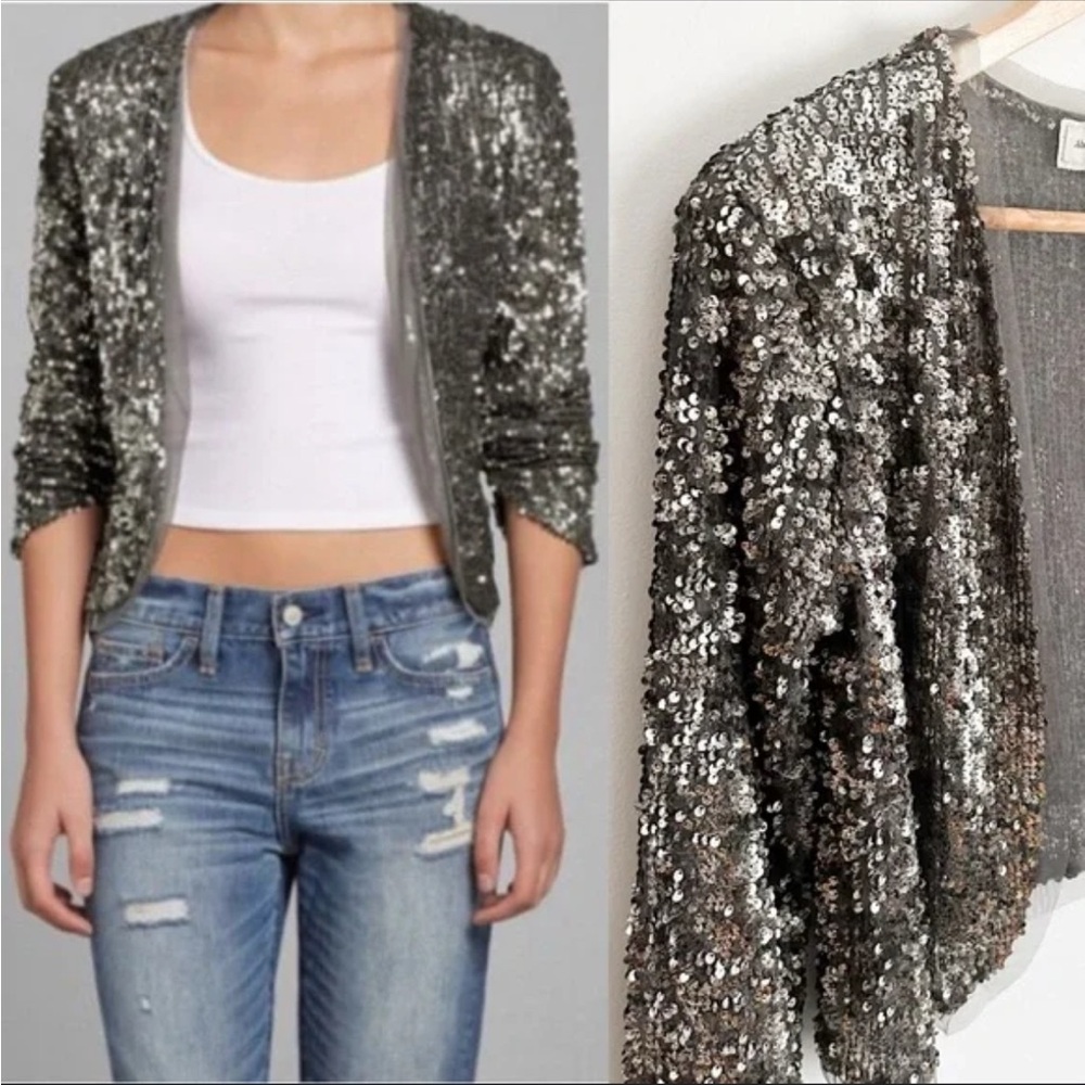 Abercrombie & Fitch Gunmetal Silver Sequin Open Front Cardigan